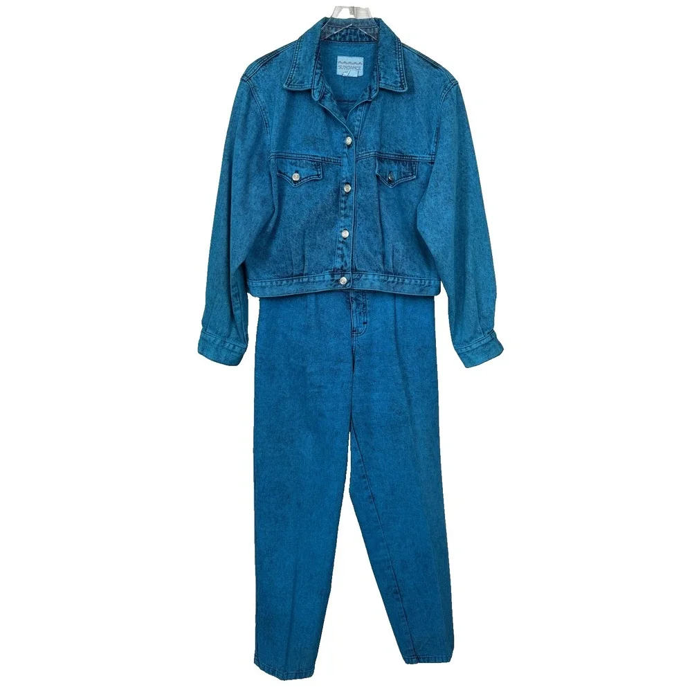 Vtg Sundance Denim Wear Jacket Pants Set Womens Sz L Acid Wash USA 90s 80s Artsy - Picture 2 of 16